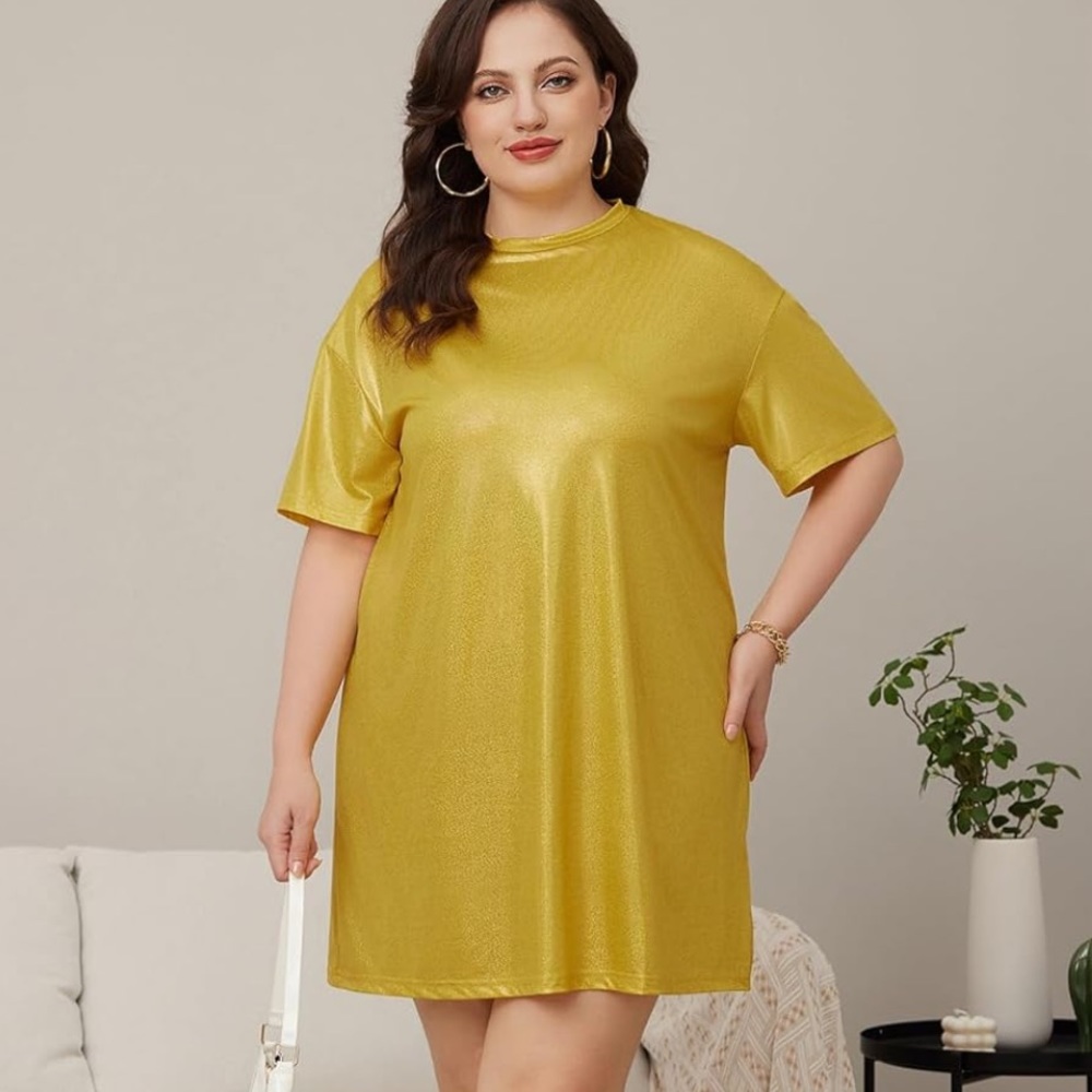 Women's Plus Size Short Sleeve Metallic Glittery Loose Mini Tshirt Dress Large
